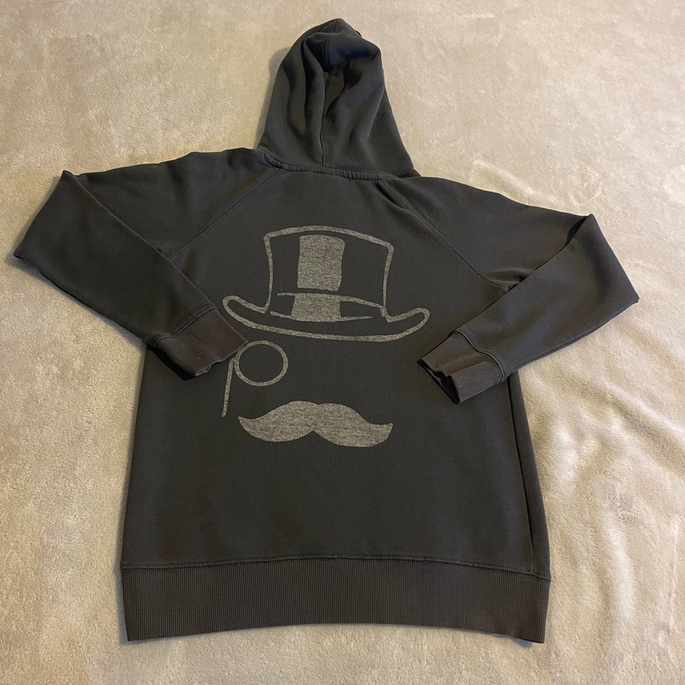 Vintage Junk Food Hoodie Top Hat Monocle Mustache Graphic Print Charcoal Gray S